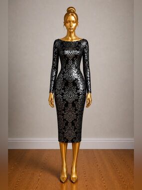 Boohoo Metallic Bandeau Mini Dress – Black & Silver Damask Pattern Fitted size 4